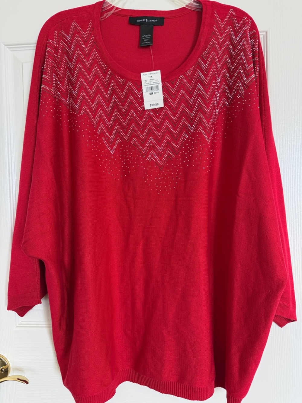 New! Ashley Stewart Red Scoop Neck Knit Sweater with Chevron Detail, Size 22/24